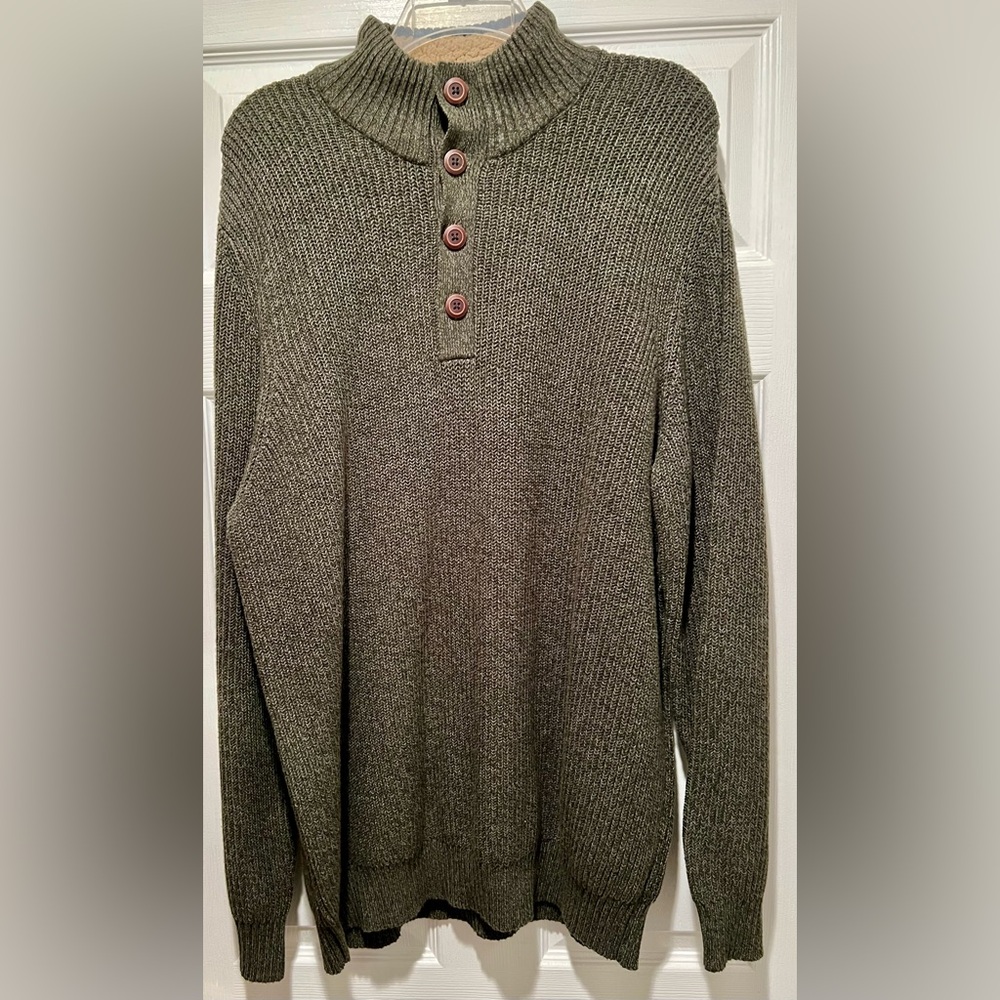 Olive Green Ribbed Men's Sweater with Button Collar